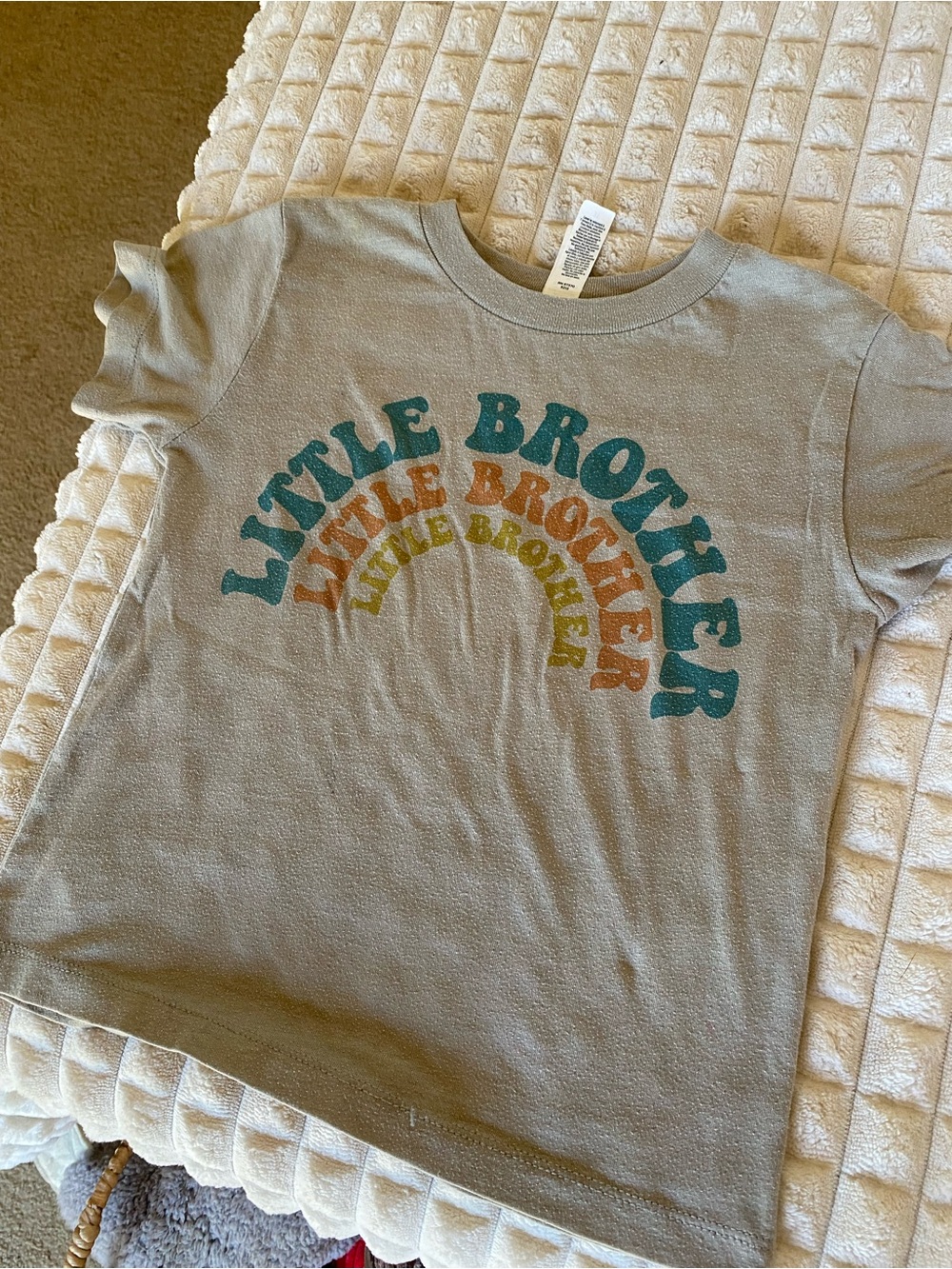 Bella Canvas Sage Green Kids Tee with Retro Rainbow 'Little Brother' Print